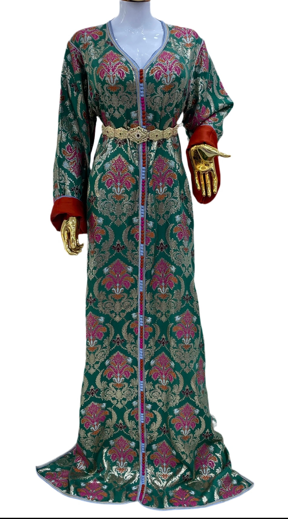Caftan Vert en Brochet de Soie À Motifs Multicolores