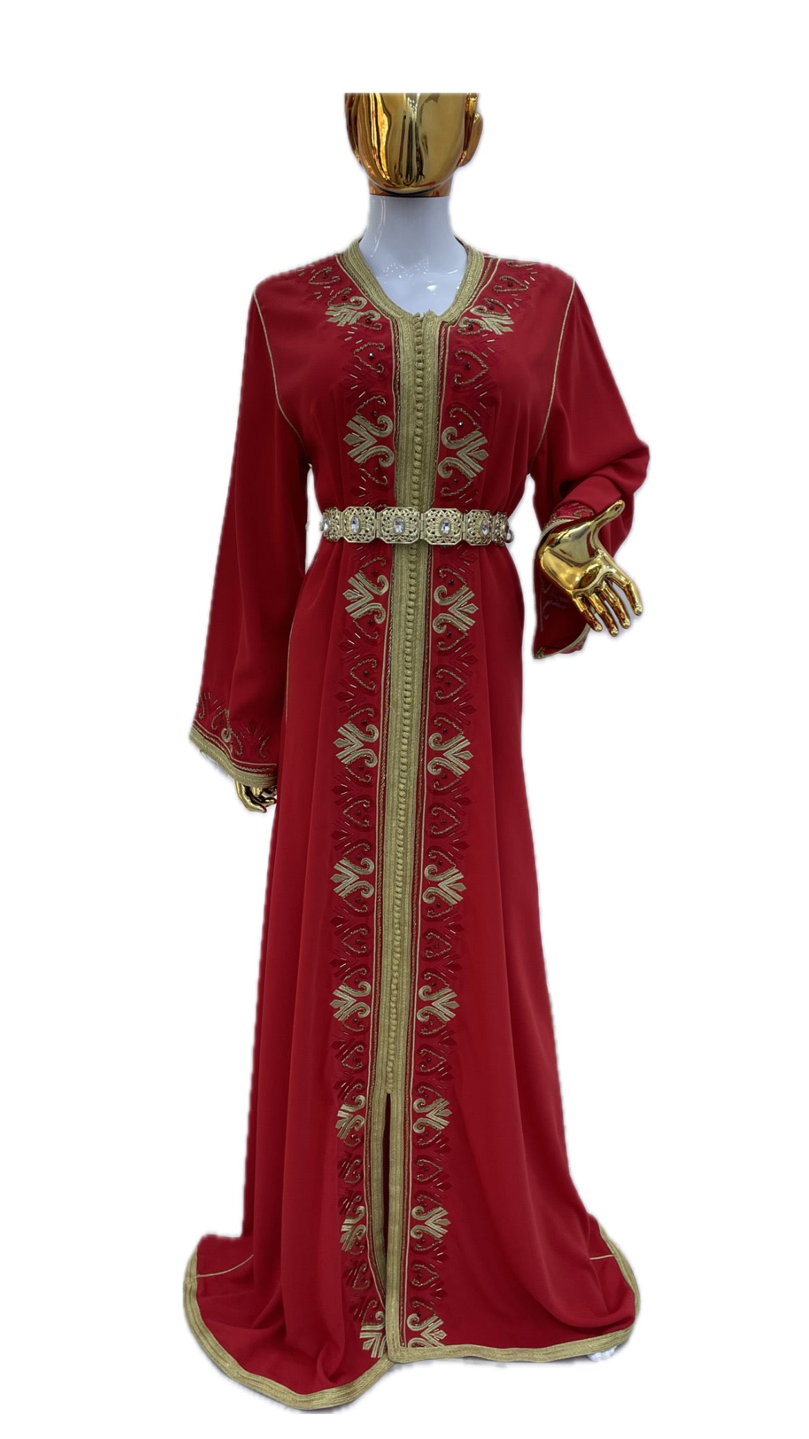 Caftan Rouge Vif & Doré - Brodé et Perlé