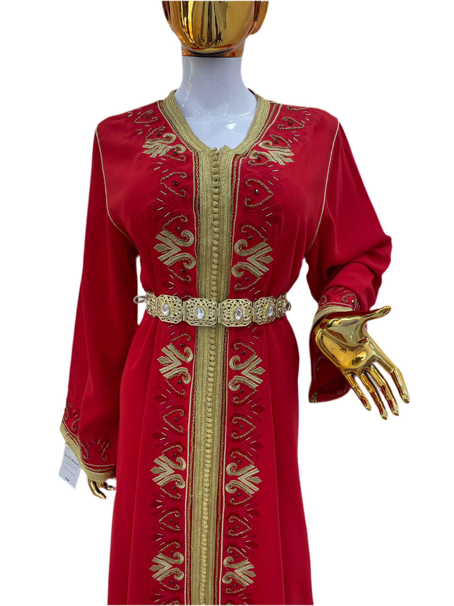 Caftan Rouge Vif & Doré - Brodé et Perlé