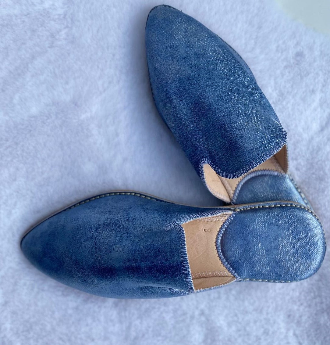 Babouche en Cuir Style Jean Bleu Profond