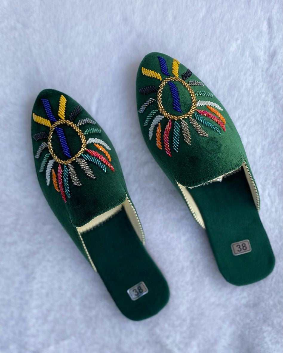 Babouche en Velours Vert Perlé