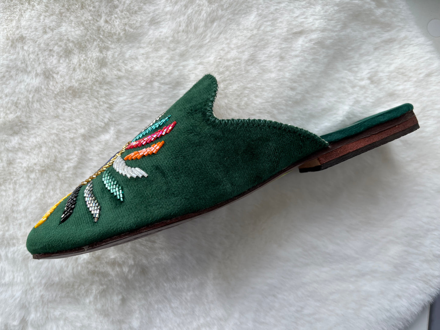 Babouche en Velours Vert Perlé