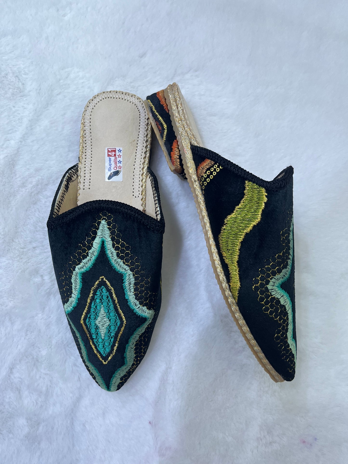 Babouche en Velours À Motifs | Noir