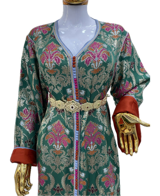 Caftan Vert en Brochet de Soie À Motifs Multicolores