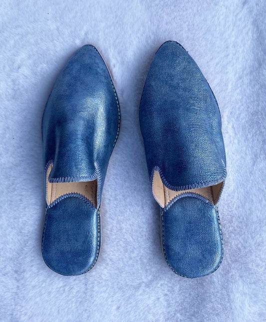 Babouche en Cuir Style Jean Bleu Profond
