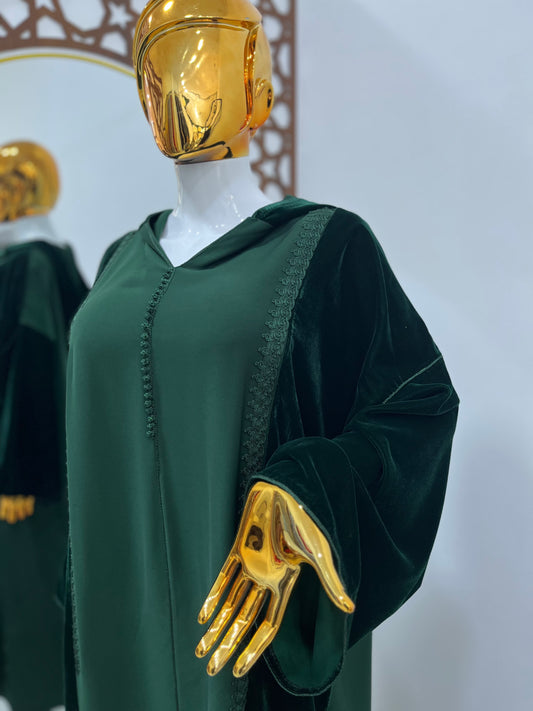 Jellaba crêpe & velours | Vert Émeraude
