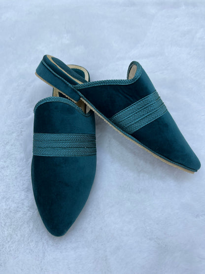Babouche en Velours | Bleu canard
