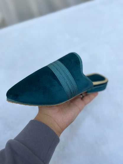 Babouche en Velours | Bleu canard