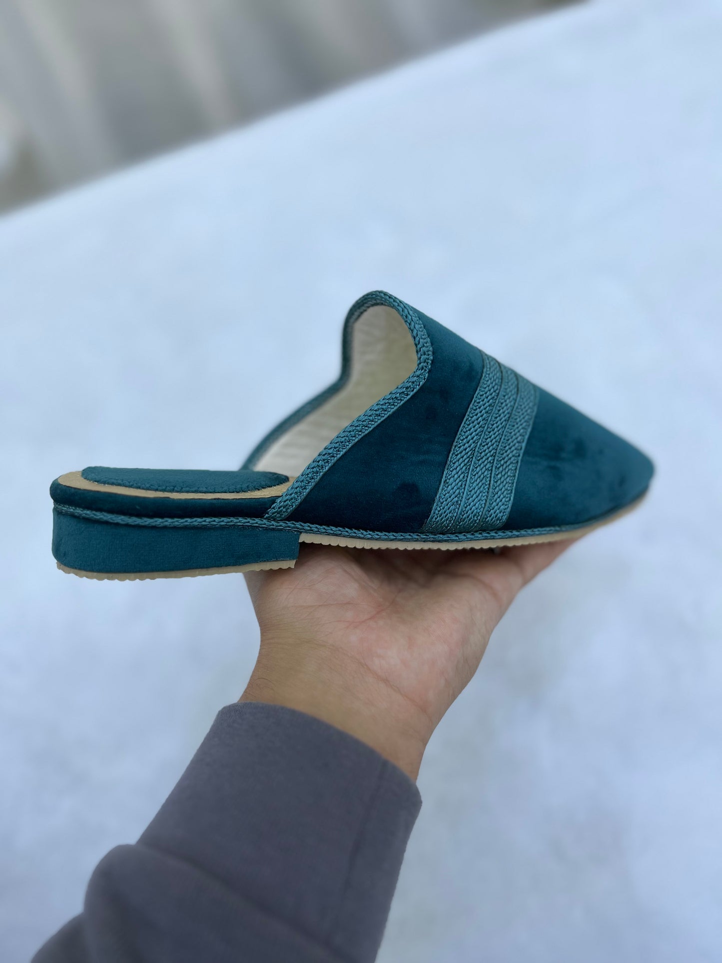 Babouche en Velours | Bleu canard