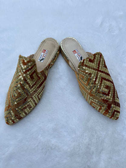 Babouche en Brocart Pailleté | Brique & Doré