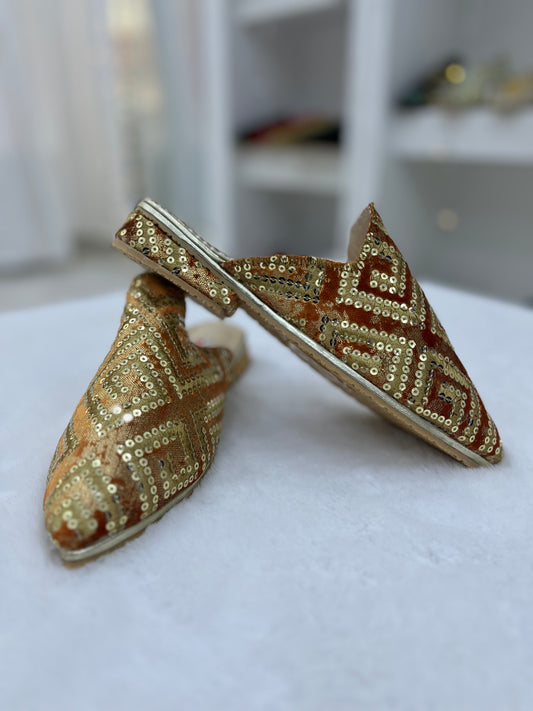 Babouche en Brocart Pailleté | Brique & Doré