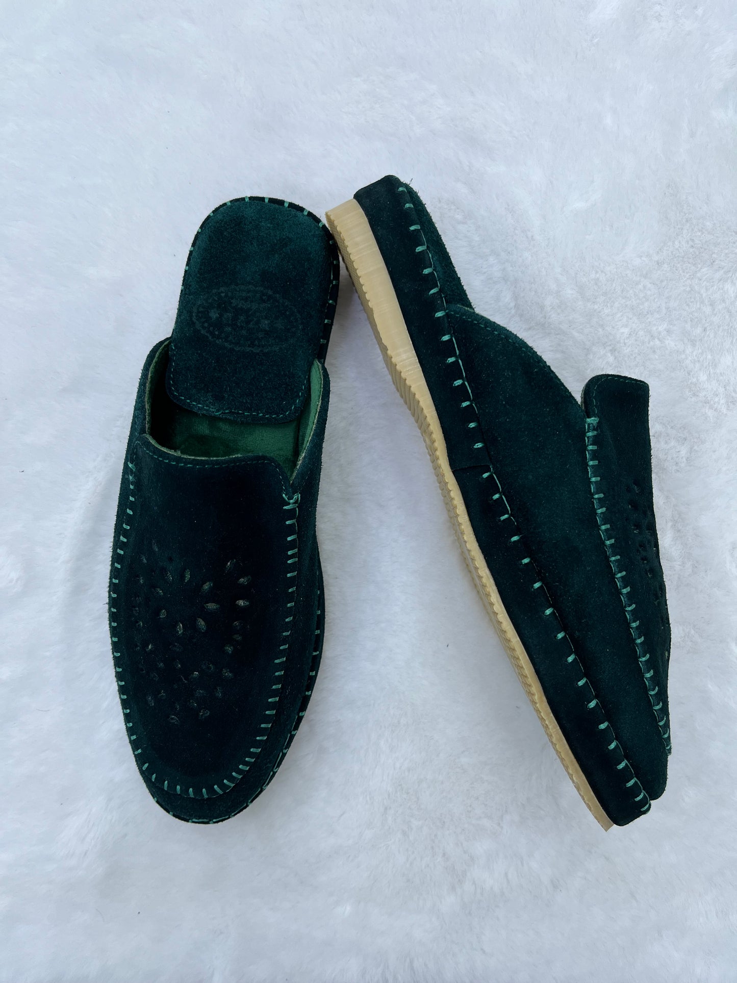 Babouche en Daim Effet Birk | Vert wagon