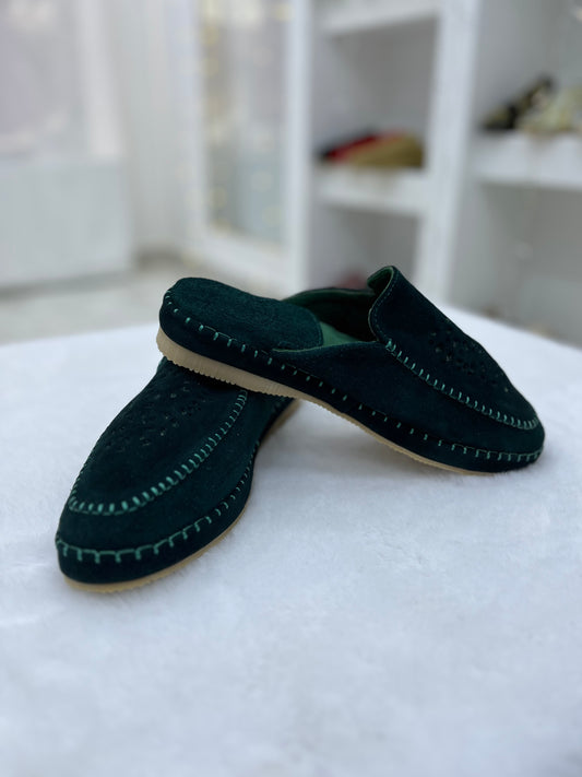 Babouche en Daim Effet Birk | Vert wagon