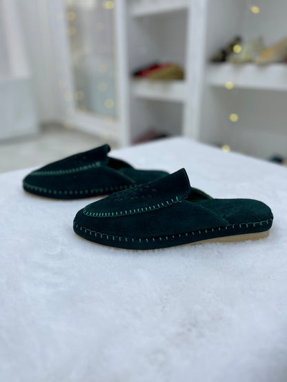 Babouche en Daim Effet Birk | Vert wagon