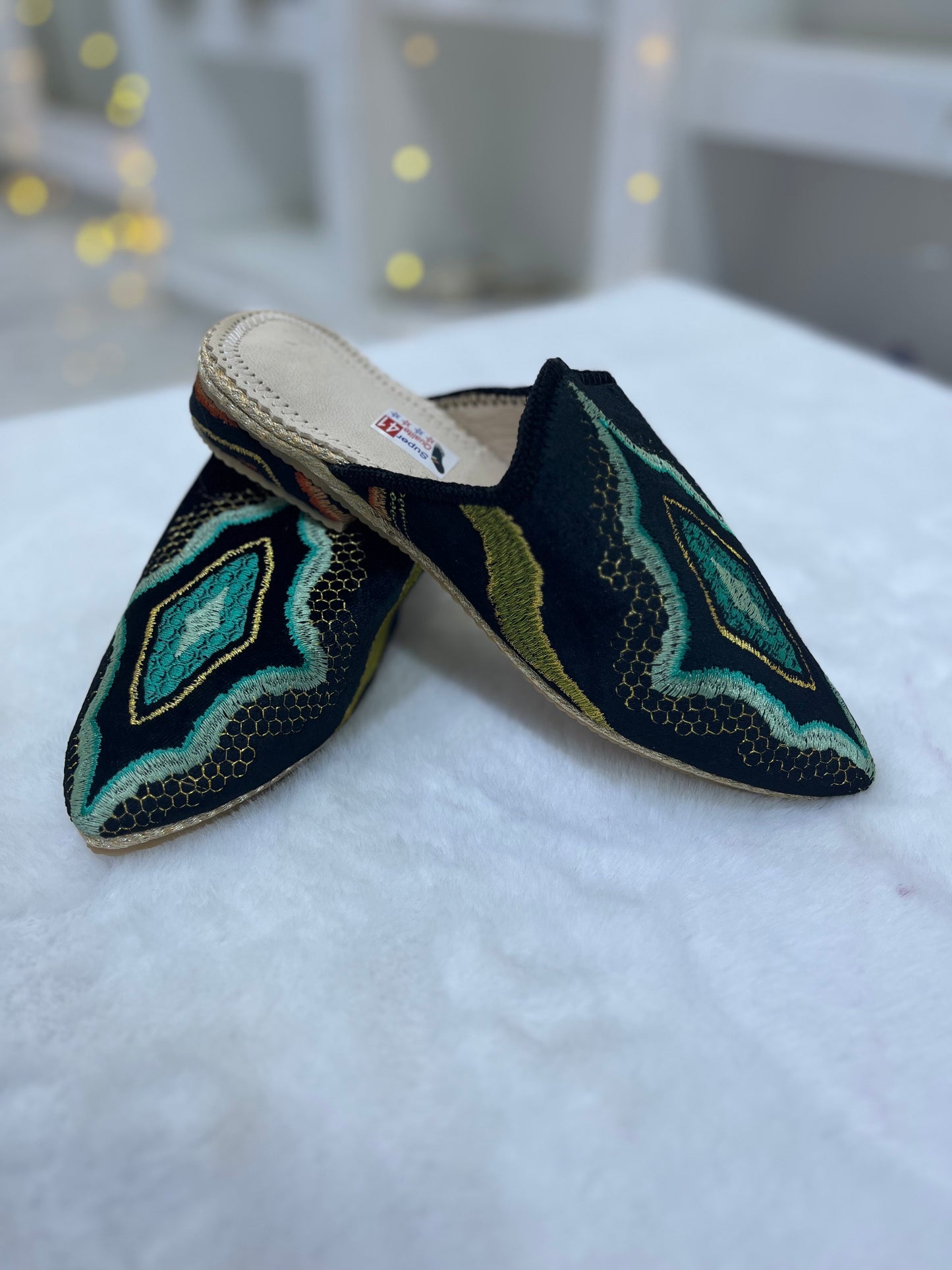 Babouche en Velours À Motifs | Noir