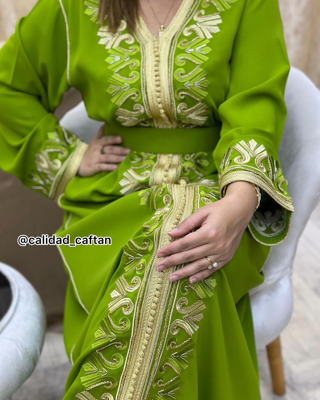 Pistachio green embroidered and beaded Caftan